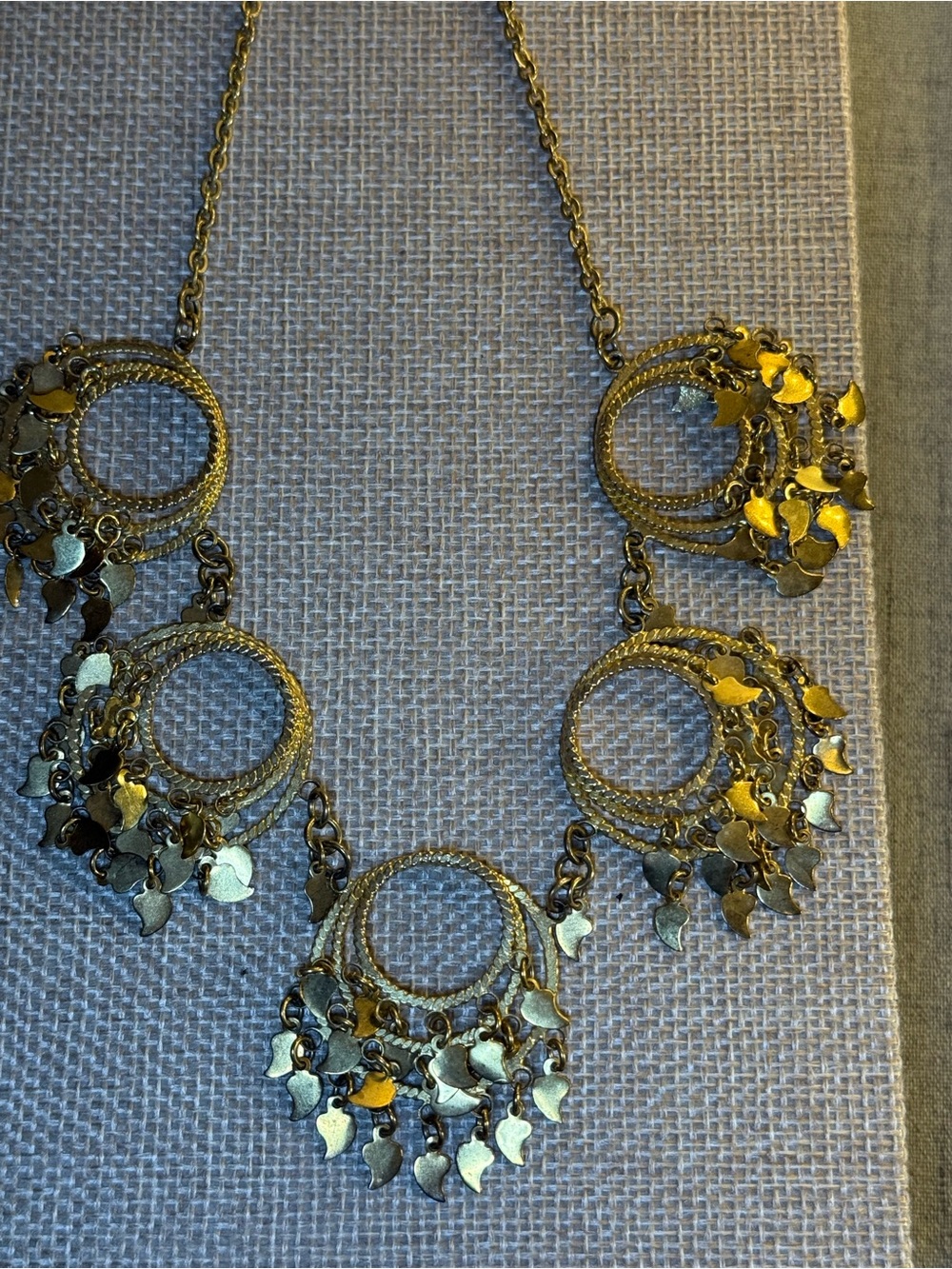 Vintage 1960s Gold Tone Boho Bib Necklace, Textured Circles & Leaf Fringe Charms - Picture 8 of 11